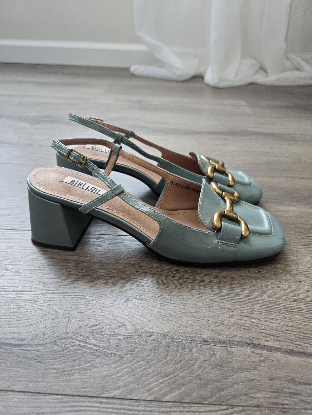Bibi Lou Patent Leather Slingback Block Heels Horsebit Buckle Blue Sz 39/8.5